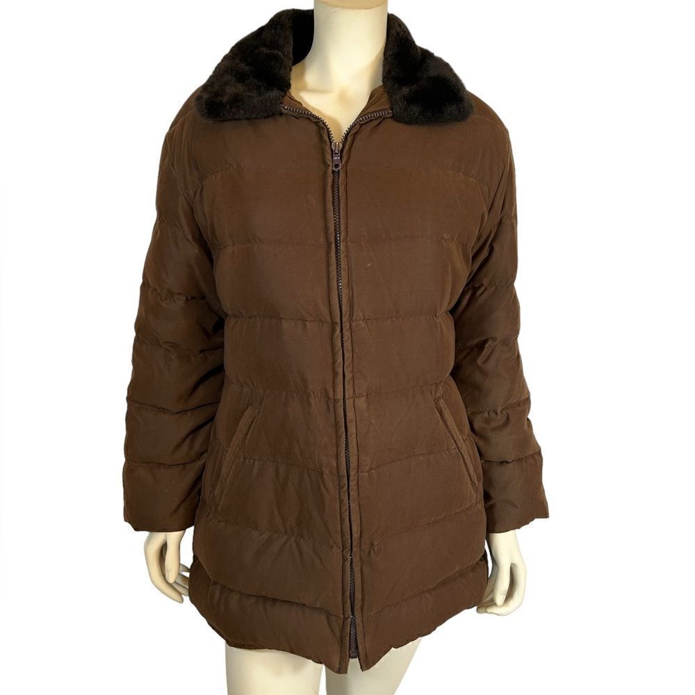 Andrew Marc Duck Down Feather Puffer Coat Chocolate Brown Jacket Faux Fur Collar
